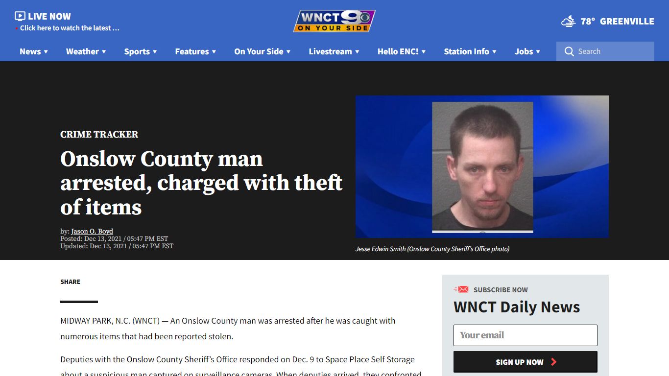 Onslow County man arrested, charged with theft of items | WNCT